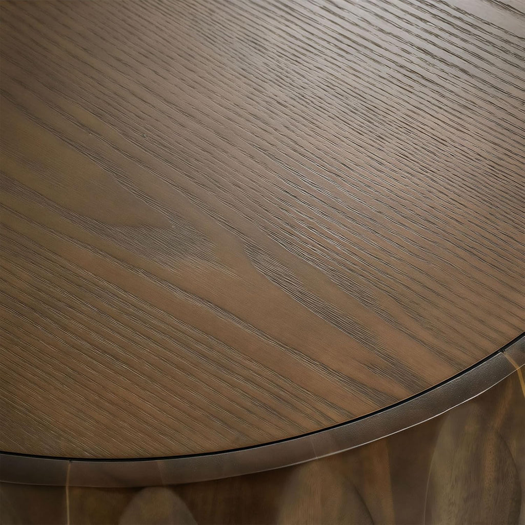 31.5' Circle Coffee Table with Minimalist Curved Fluted & Ash Veneer, Modern Wood Round Center Table, Drum Tea Table Accent Side End Table for Living Room Apartment, Walnut