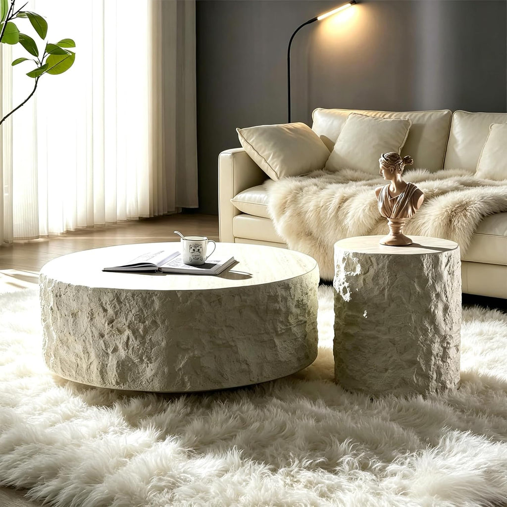 KEVINSPACE Round Coffee Table Set of 2, RoundFiberglass CoffeeTable for Living Room, Side Table for Bedroom Modern Drum CenterTable Circle Stone SideTables for Apartment, No Need Assembly
