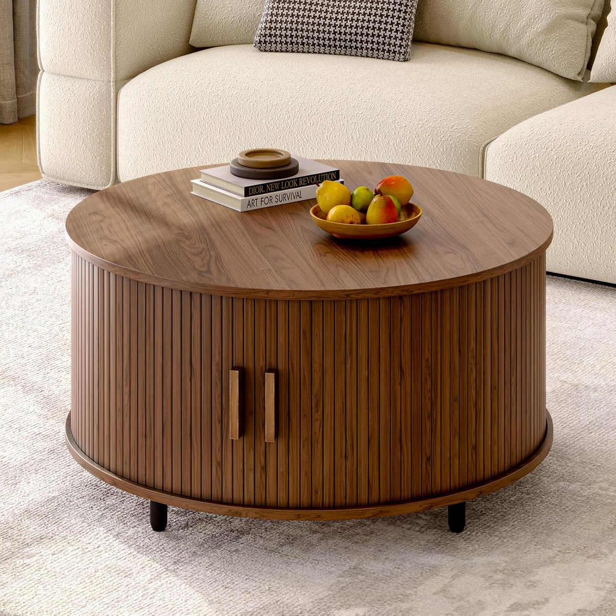 ONBRILL Round Coffee Table with Storage, 31.5' Modern Coffee Table with 360° Curved Sliding Door, Fluted Wood Accent Coffee Table with Adjustable Footpads, Round Center Table for Living Room, Walnut