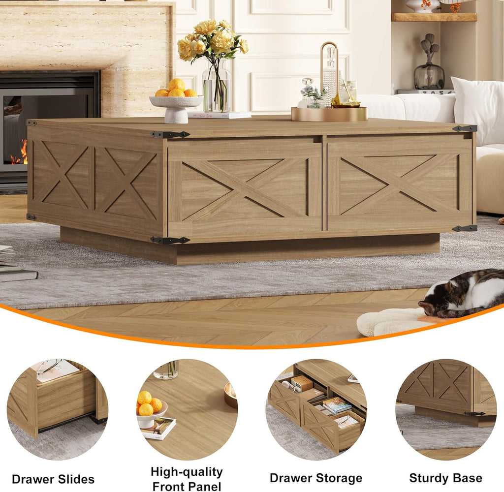 St.Mandyu 47' Farmhouse Square Coffee Table with 4 Drawers Extra Large Coffee Table with Storage Wooden Large Coffee Tables for Living Room Square Center Table for Home Office Natural