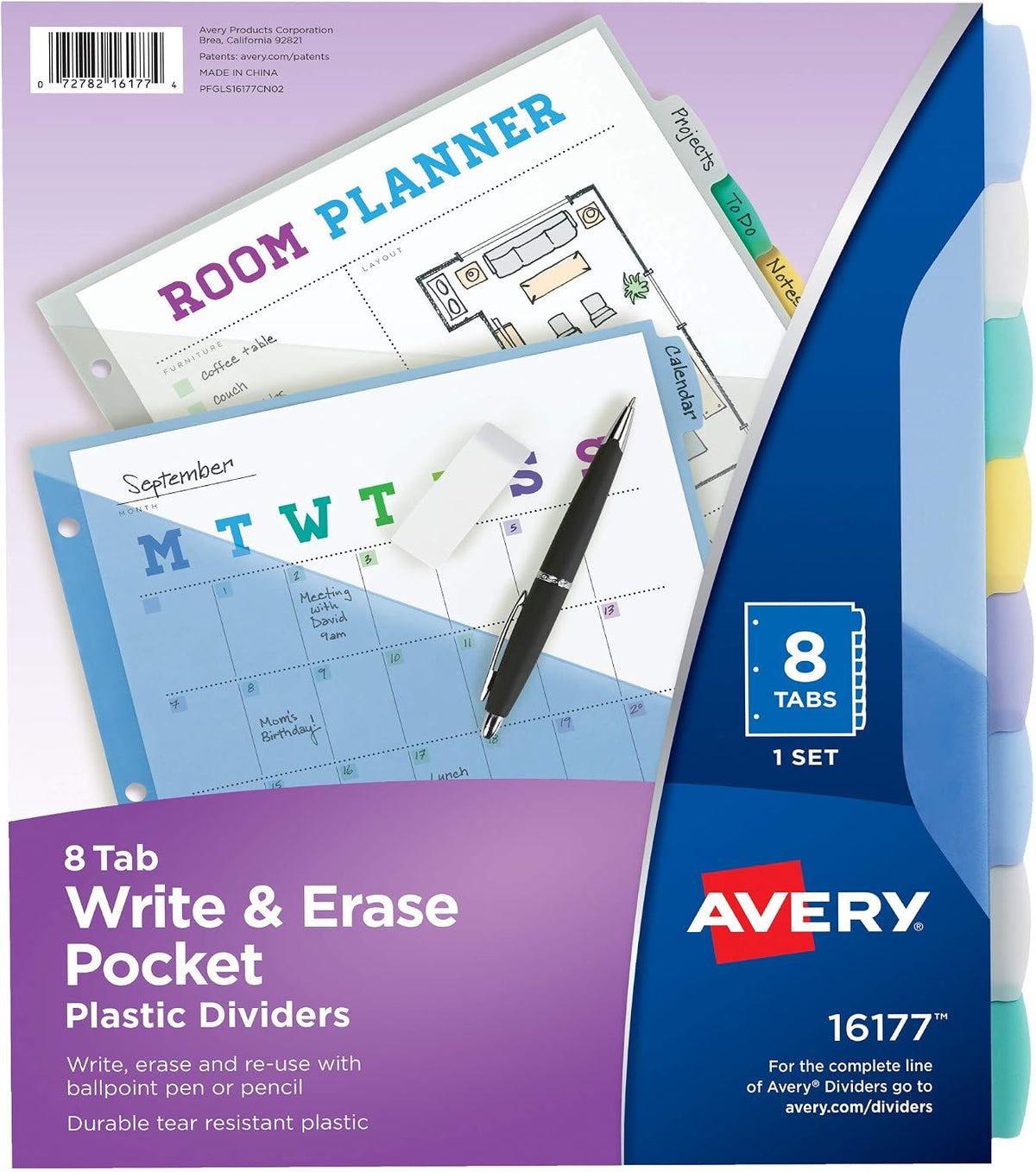 Avery Write & Erase Pocket Plastic Dividers for 3 Ring Binders, 8-Tab Sets, Multicolor, Tabs Viewable Beyond Sheet Protectors, 24 Sets (16177)