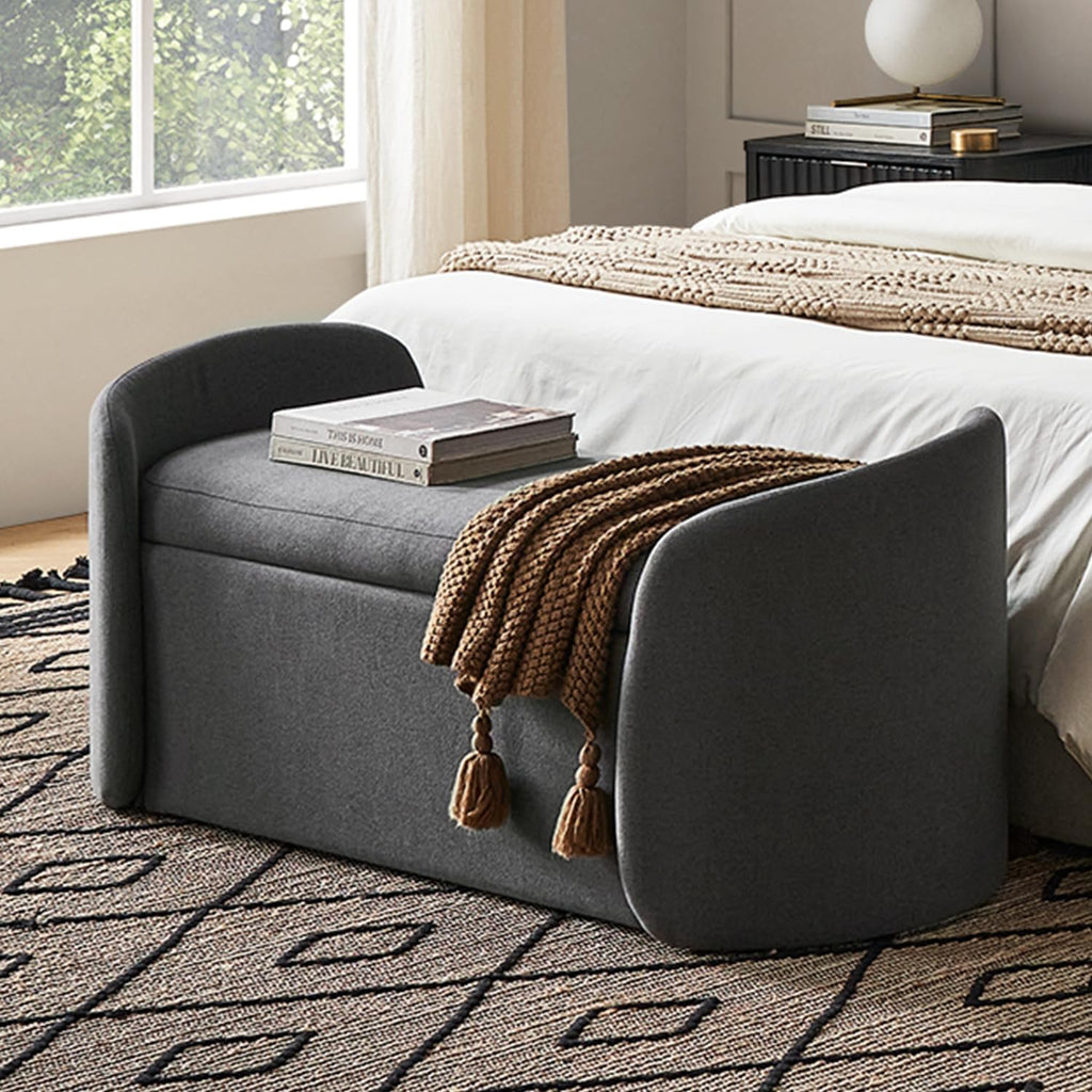 mopio Sophie 51' Ottoman Storage Bench, Entryway and Window Seating, End of Bed Curved Stool for King & Queen Bed, Storage Chest for Bedroom (Dark Gray Fabric)