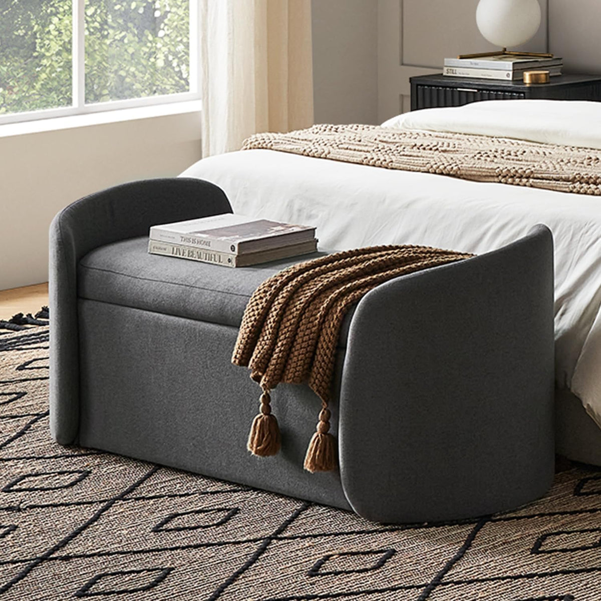 mopio Sophie 51' Ottoman Storage Bench, Entryway and Window Seating, End of Bed Curved Stool for King & Queen Bed, Storage Chest for Bedroom (Dark Gray Fabric)