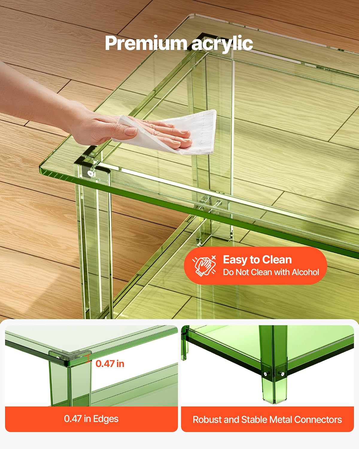 VEVOR Acrylic Coffee Table, 2-Tiers Center Table with Open Storage Shelf, Modern Rectangle Acrylic Coffe Desk for Living Room, Dining Room, Kitchen Island, Office, 31.5' W x 19.7' D x 15.7' H, Green
