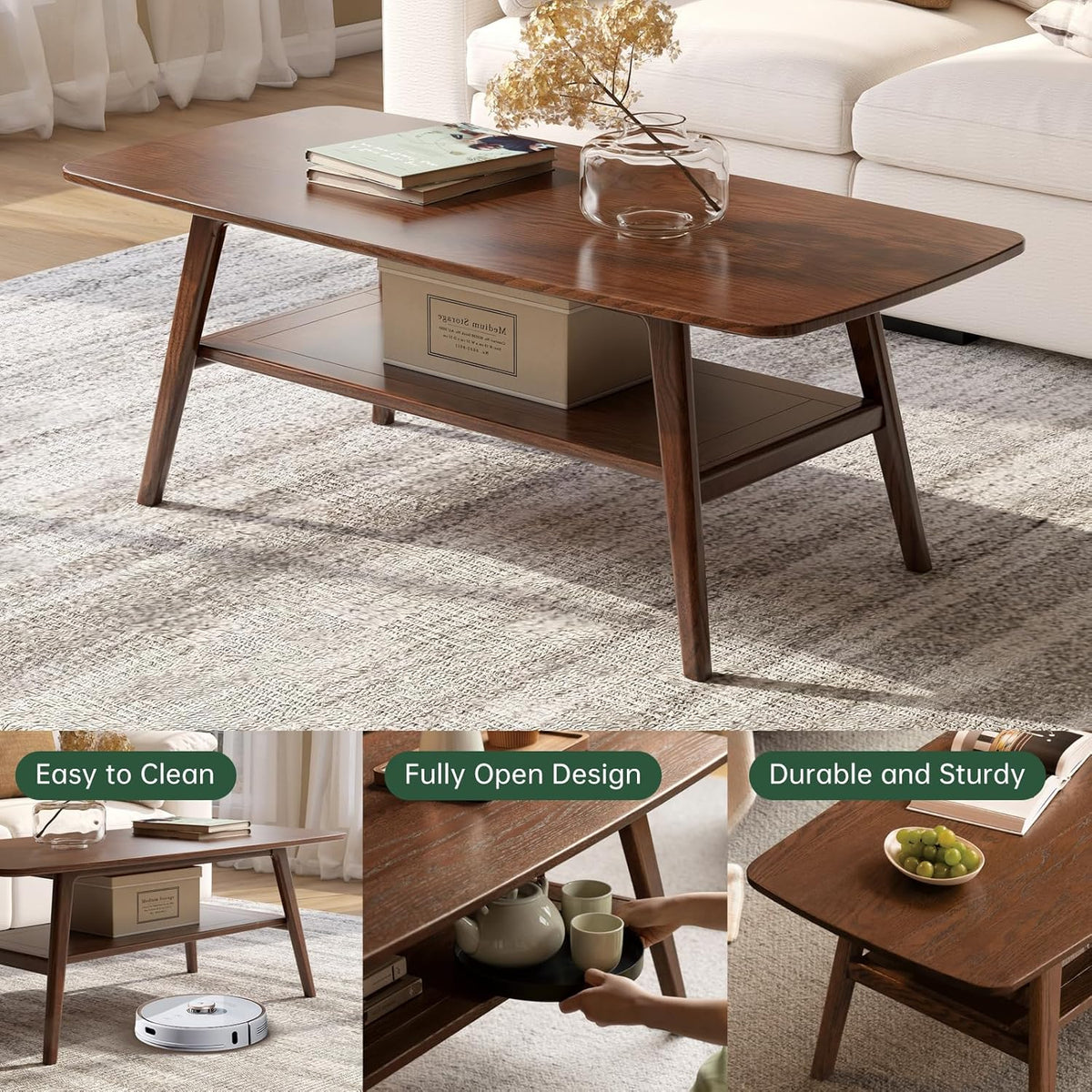 100% Solid Oak Wood Coffee Table for Living Room, 2-Tier Living Room Table with Storage Shelf, Mid Century Modern Coffee Tables (Walnut Colour, 39.37' W x19.68 D x 17.32' H)