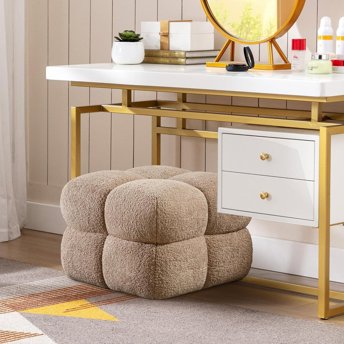 Square Ottoman Stool, Boucle Ottoman Coffee Table with with Full Coverage, Modern Vanity Stool, Upholstered Tufted Foot Rest Pouf for Bedroom, Living Room, Entryway, Tan