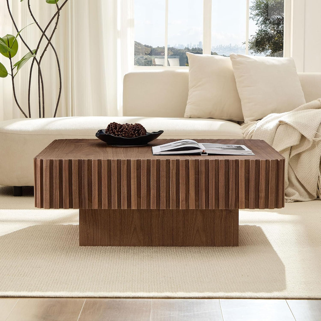35.43' Modern Handcraft Square Drum Coffee Table for Living Room,Small Wooden Coffee Table with Sturdy MDF Pedesta, Walnut Color