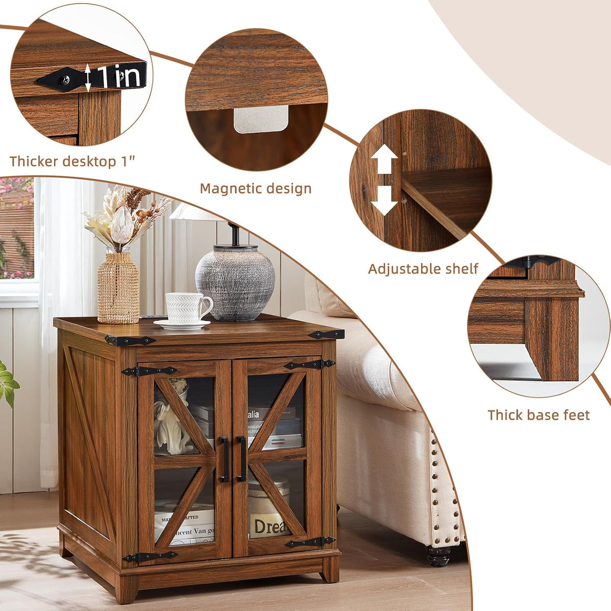 Joaxswe Farmhouse End Table with Charging Station, 24' Large Sofa Side Table with Glass Barn Door, Nightstand with Adjustable Storage Shelf,Wood Square Bedside Table for Living Room,Bedroom