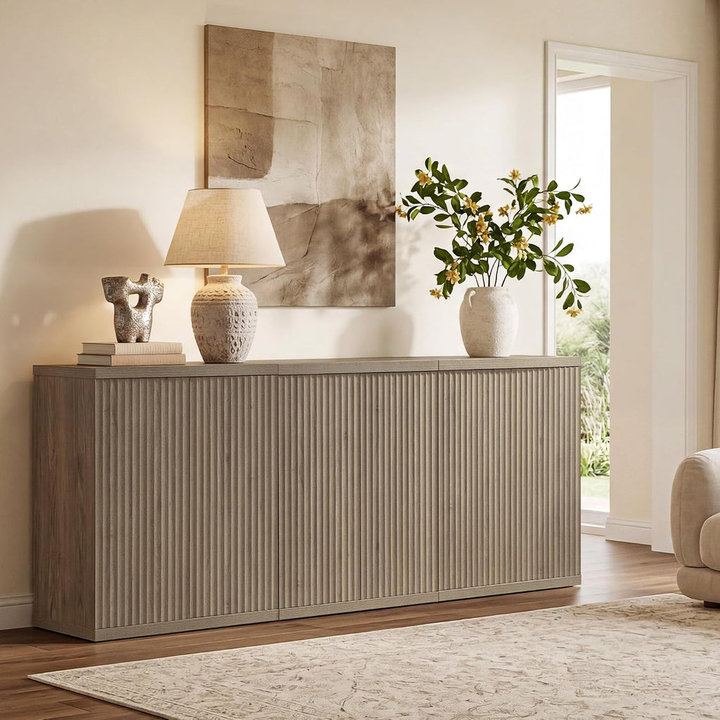 SICOTAS Buffet Cabinet with Storage Accent Sideboard Modern Credenza with Doors & Shelves Fluted Media Console Mid Century Coffee Bar Table for Living Room Kitchen Dining Room Hallway (3PCS)