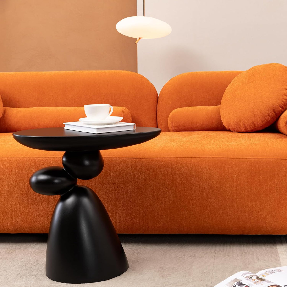 Lucky Stone Oval Coffee Table, Minimalist Fiberglass Tea Table with Sculptural Base, Scandinavian Modern Low Coffee Table for Living Room, Cozy Apartment & Studio, Black 20.1'