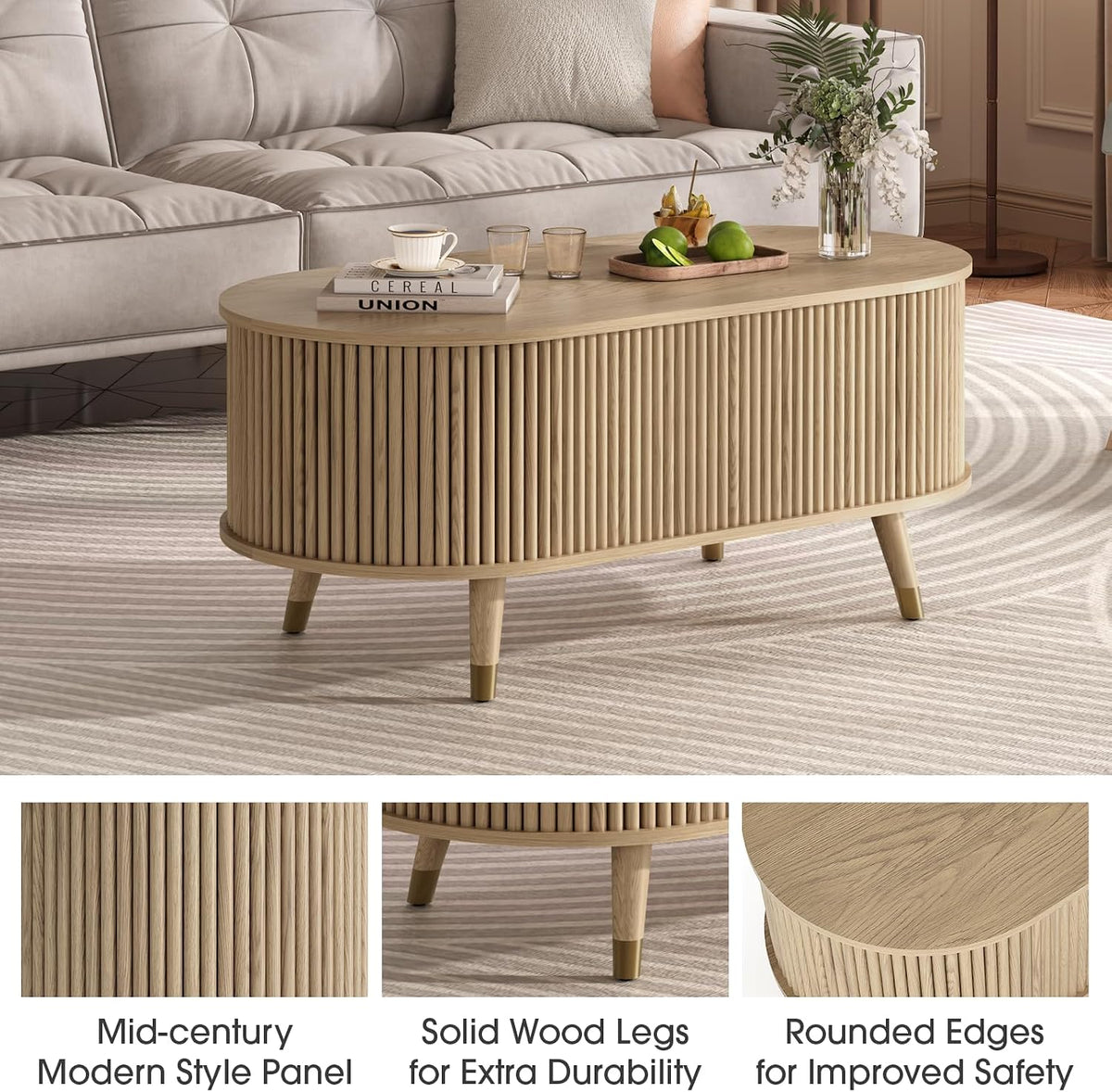Jiansu furni Lift Top Coffee Table with Storage,42.5' Oval Coffee Table with Hidden Compartment & Solid Wood Legs,Modern Fluted Center Table for Living Room,Home Office,Oak