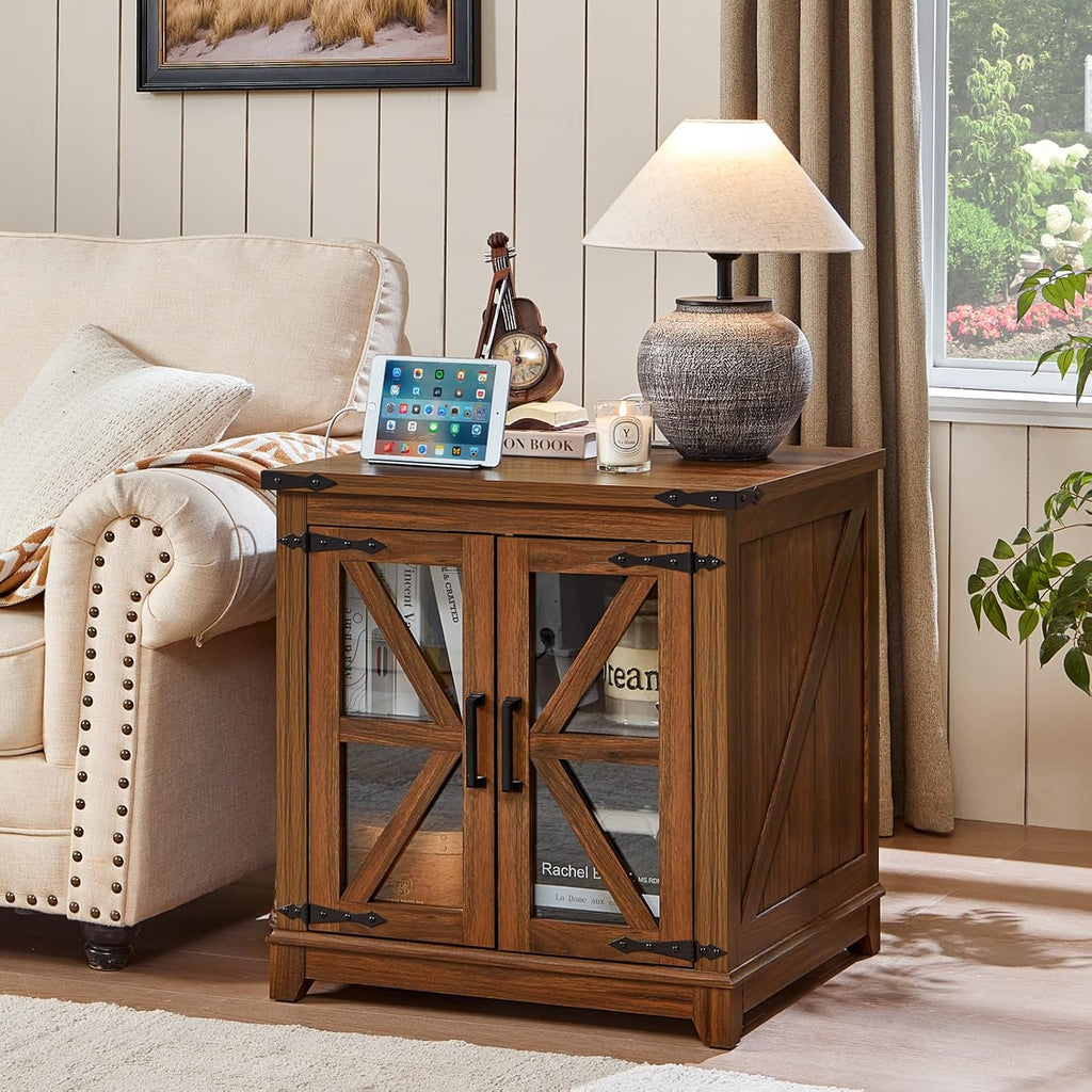Joaxswe Farmhouse End Table with Charging Station, 24' Large Sofa Side Table with Glass Barn Door, Nightstand with Adjustable Storage Shelf,Wood Square Bedside Table for Living Room,Bedroom