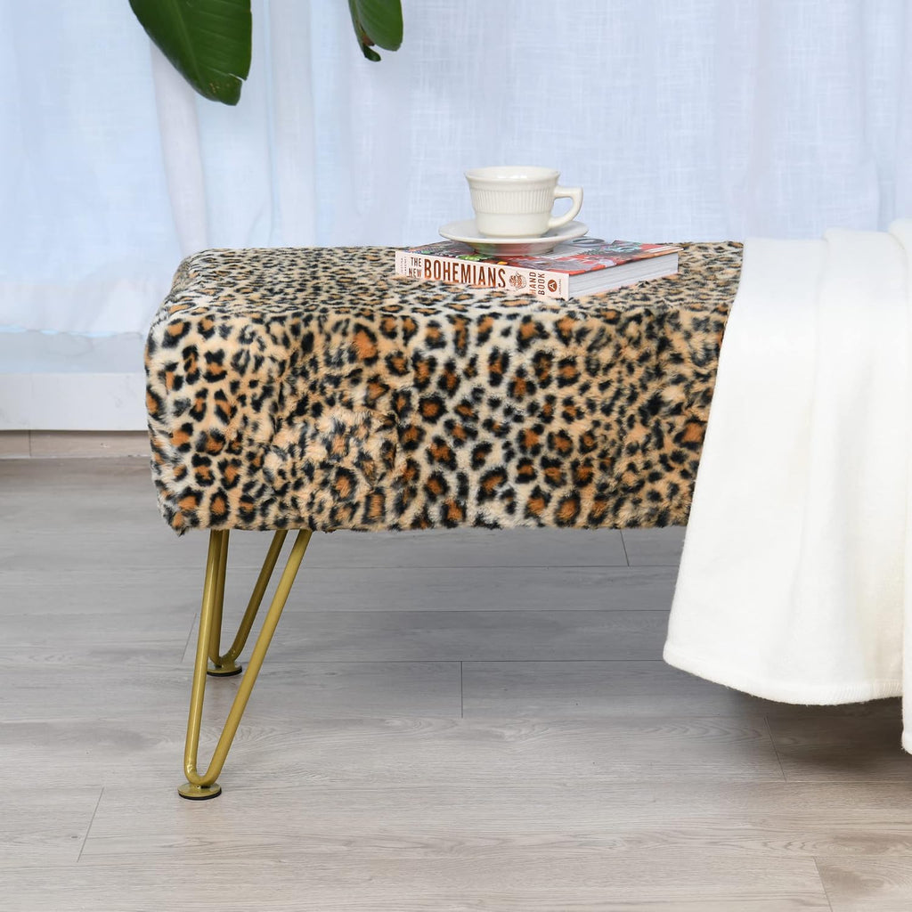 Leopard Print Rectangle Ottoman 46'x16'x17' Faux Fur Entryway Bench Footrest Stool Accent Seating Cheetah Furry Ottoman Bedroom Vanity End of Bed for Bathroom Living Room Decor