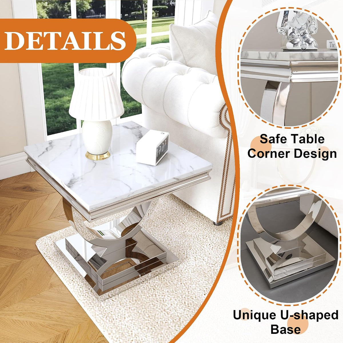Luxury Marble Side Table, Square End Table with Faux Marble Tabletop & Silver Stainless Steel Base, Modern Sofa Table for Living Room, Bedroom, Office