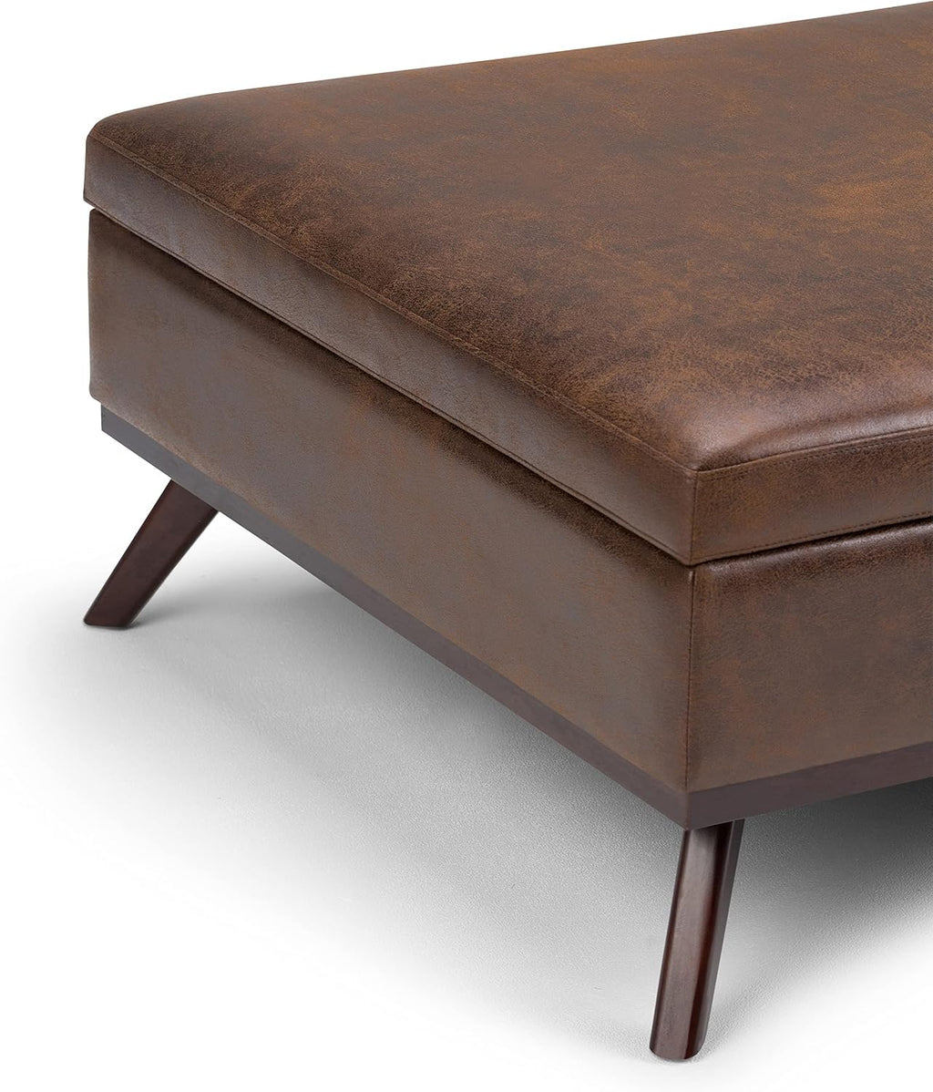 SIMPLIHOME Owen Square Coffee Table Storage Ottoman - 36 inch Wide Upholstered Vegan Leather Lift-Top Ottoman in Distressed Chestnut Brown, Mid-Century Ottoman for Living Room with Tufted Detail