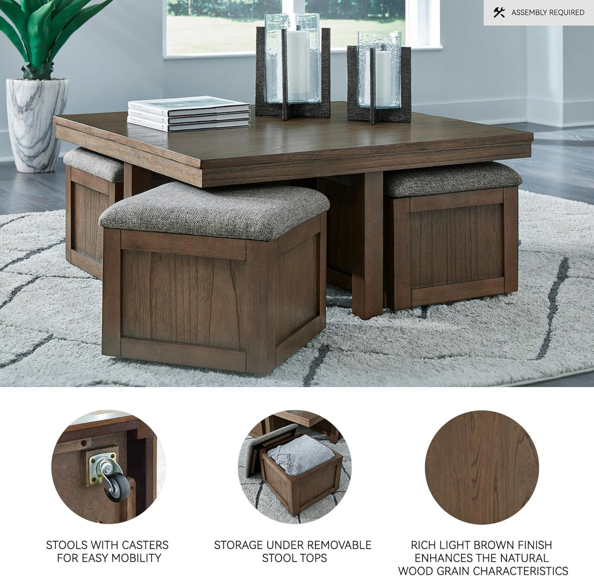 Signature Design by Ashley Boardernest Casual Coffee Table with 4 Storage Stools, Dark Brown
