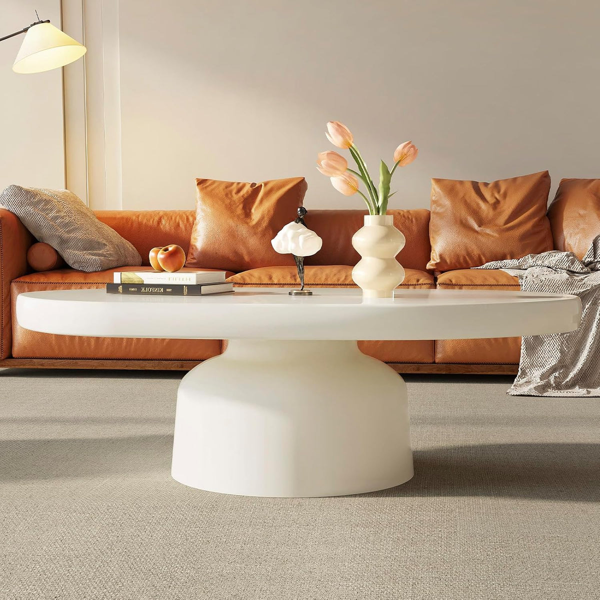 45.67' Oval Coffee Table, Modern Mid-Century Drum Center Table with Sturdy Base & Thick Tabletop, Simple Coffee Table for Living Room, Office, Easy Assembly, White