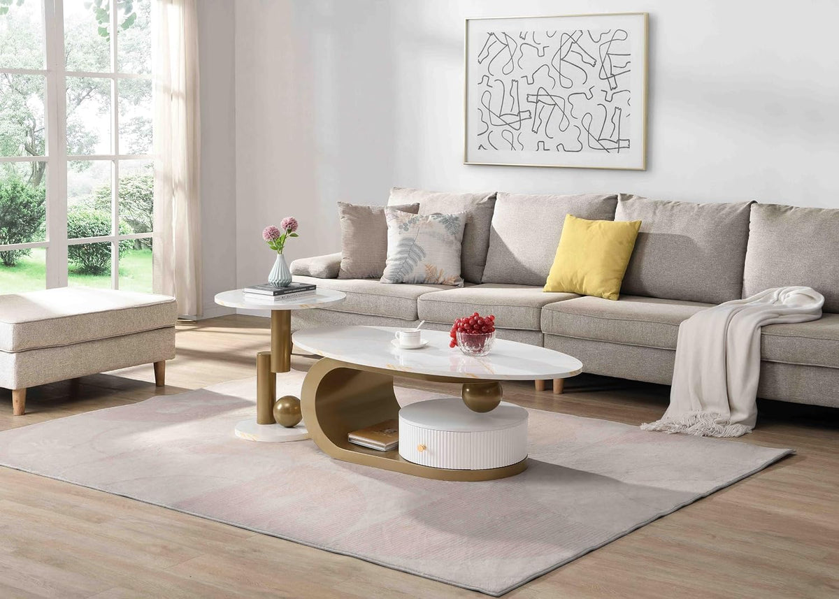 Modern Oval Coffee Table Set of 2, White Nesting Coffee Tables with Storage Drawer for Living Room, Faux Marble Coffee Table and Round End Table Luxury Living Room Accent Table for Apartment,Gold