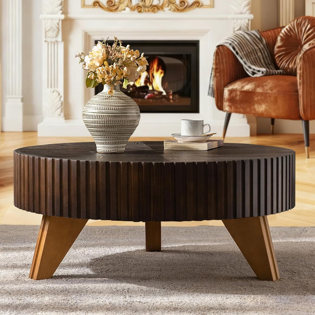 31.5'' Round Coffee Table Wood, Small Circle Coffee Table for Living Room Unique Fluted Center Table Mid Century Modern Tea Table with Solid Wood Veneer and Sturdy 3 Legs, Easy Assembly, Brown