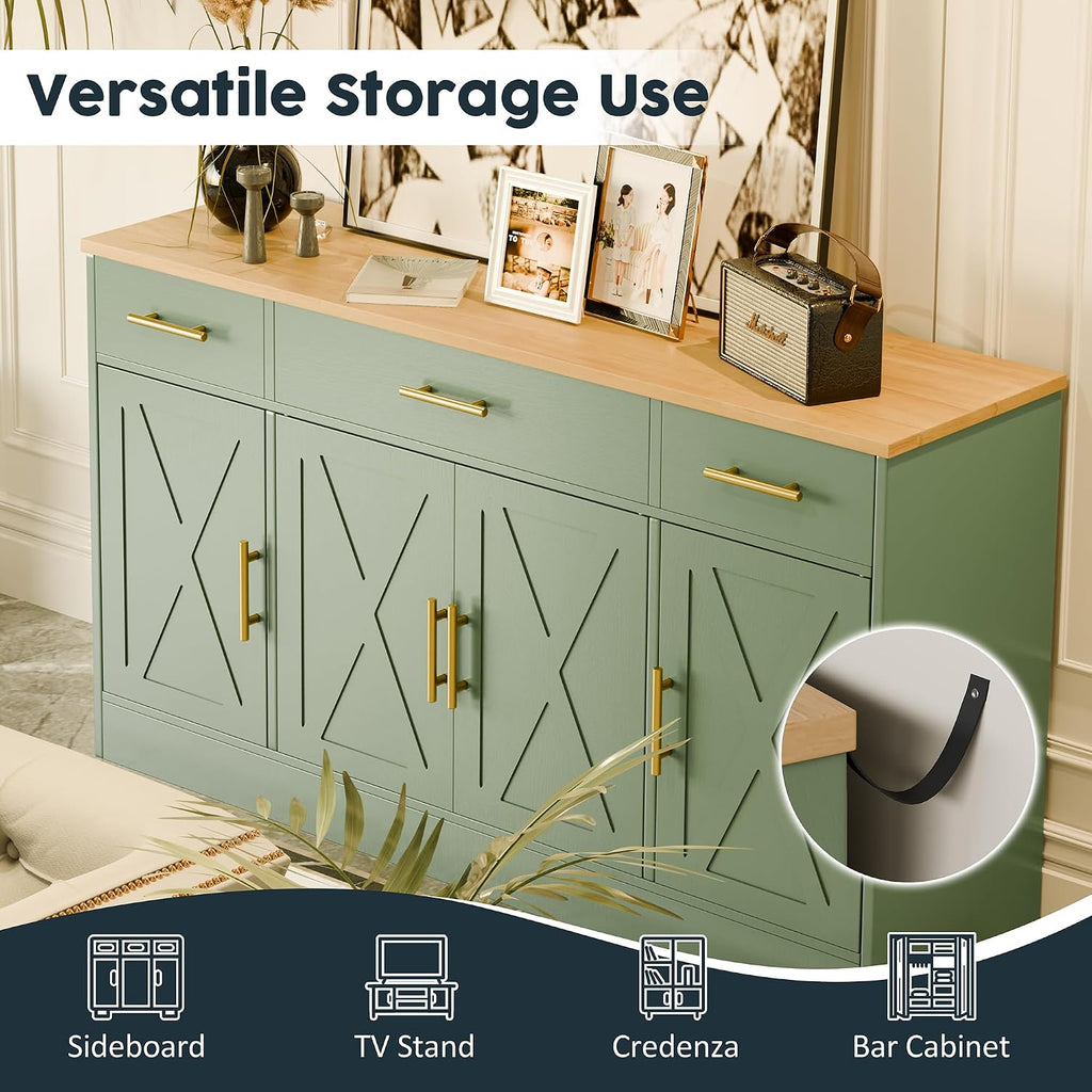SUNLEI Buffet Cabinet with Storage, Farmhouse Storage Cabinet with 4 Doors and 3 Drawers, Coffee Bar Station Wood Buffet Table with Adjustable Shelf for Living Room, Green