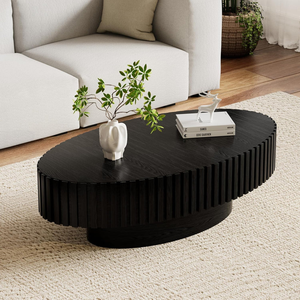 Black Oval Fluted Coffee Table for Living Room with Handcrafted Relief Wood Drum Coffee Table for Office Outdoor (43' Oval Black)