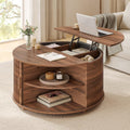 Round Lift Top Coffee Table, 34.6' Modern Coffee Table with 180° Curved Sliding Door, Fluted Accent Coffee Tables with Hidden Storage and Open Shelves, for Living Room, Office, Walnut