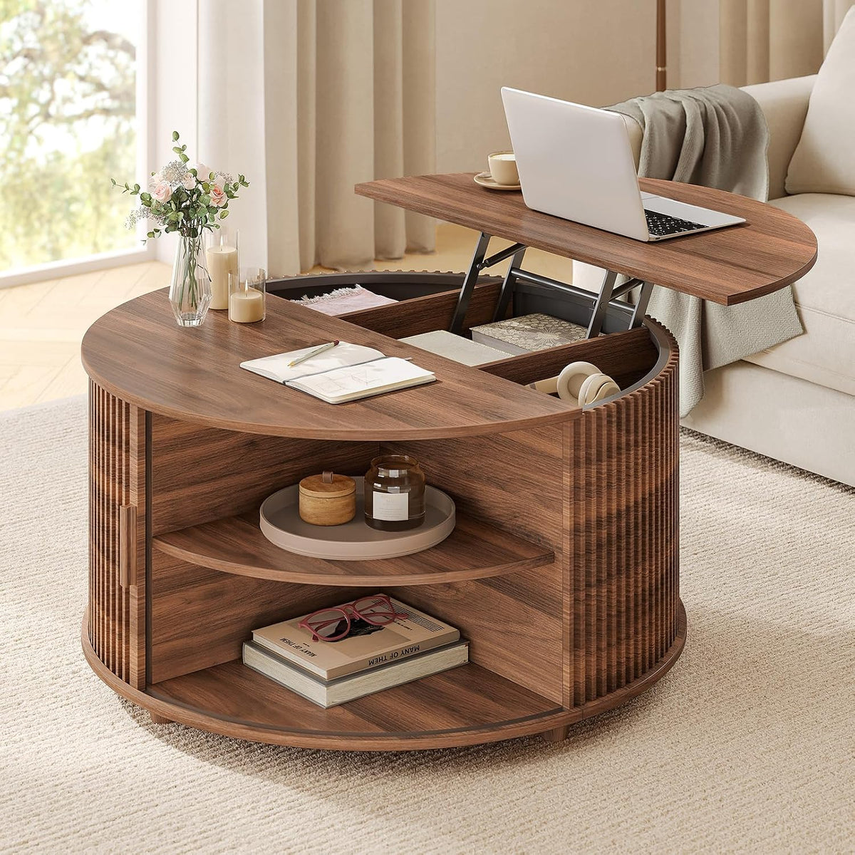 Round Lift Top Coffee Table, 34.6' Modern Coffee Table with 180° Curved Sliding Door, Fluted Accent Coffee Tables with Hidden Storage and Open Shelves, for Living Room, Office, Walnut