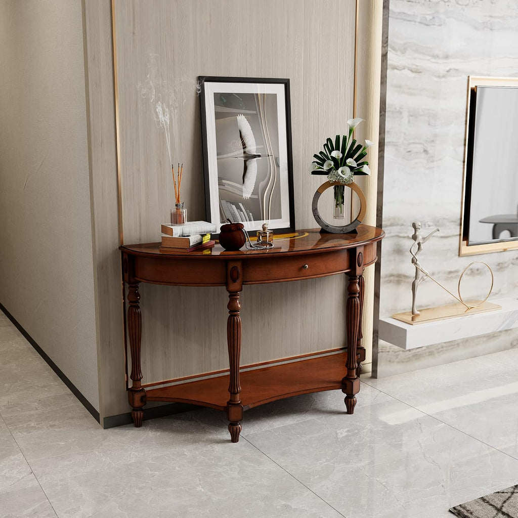 Solid Wood Semi-Circle Sofa Table with Drawer, 45.3' Traditional Living Room Console Table with Open Bottom Shelf 2-Tier Vintage Elliptical Entry Table for Home Office,Cherry Walnut SFZ1533