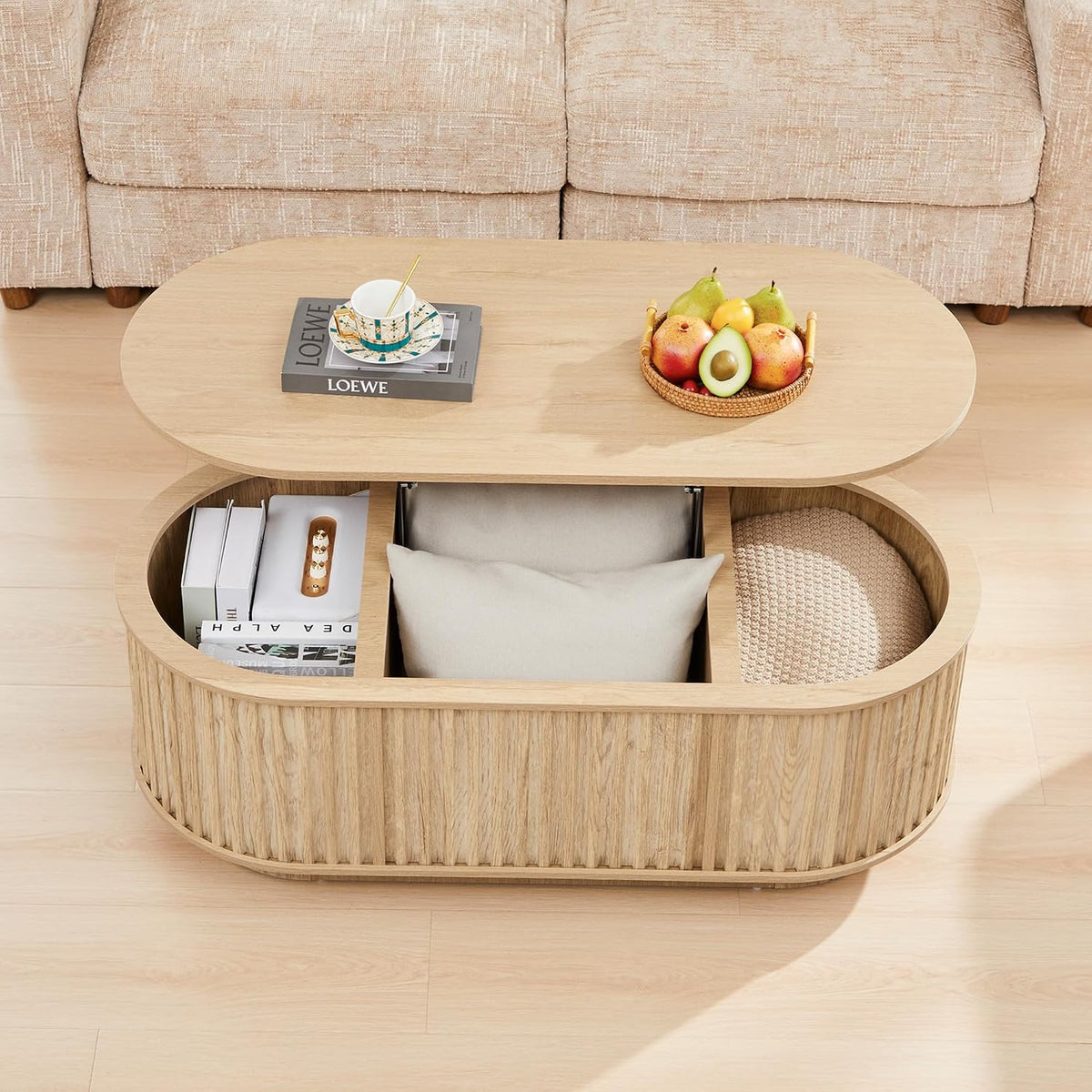 Oval Lift Top Coffee Table with Storage, 43.3'Mid Century Modern Center Table with Hidden Compartment, Fluted Wooden Lift Tabletop Dining Table for Living Room Apartment Home Office,Natural