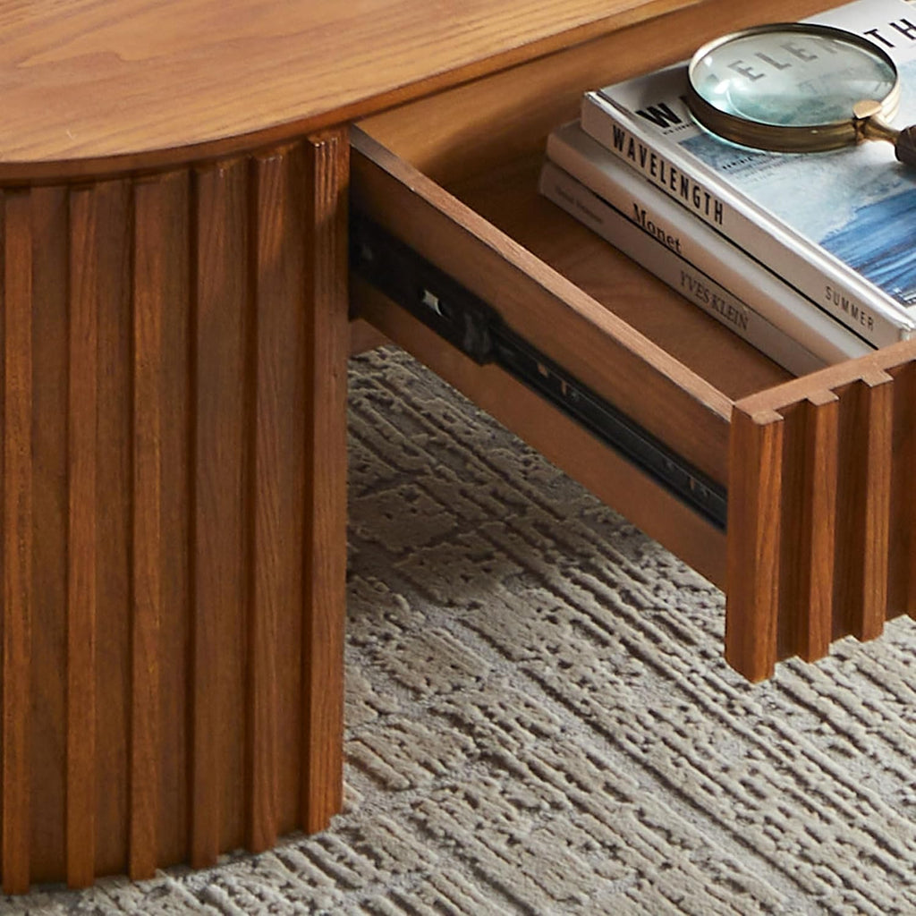 51.18'' Oval Coffee Table for Living Room Fluted Center Table with Drawer, Mid Century Modern Coffee Tables, Easy Assembly for Office Storage Tea Table Brown