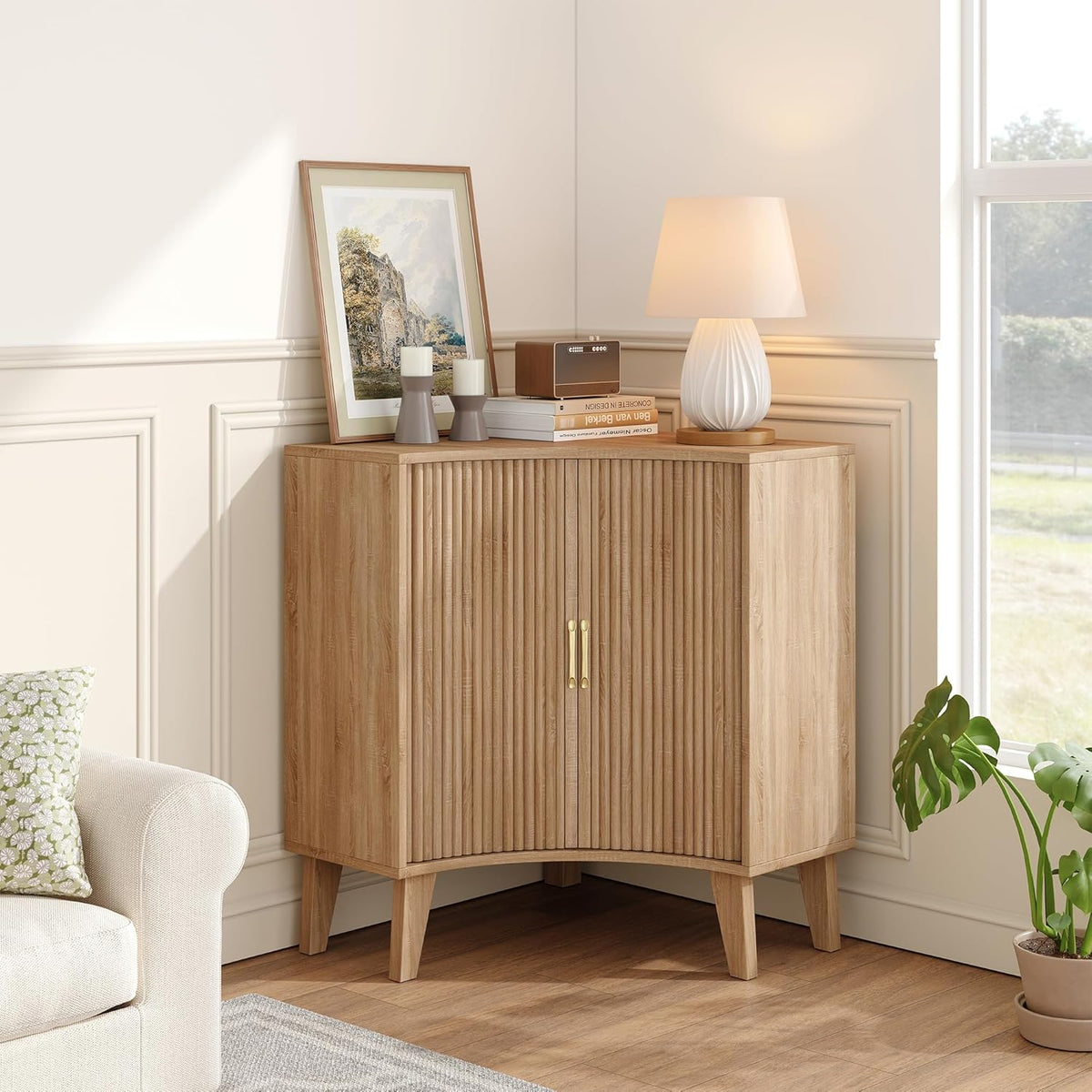 Fluted Corner Cabinet, Small Corner Floor Cabinet with 2-Sliding Doors and Adjustable Shelves, Freestanding Narrow Organizer for Small Space,Living Room, Dining RoomBathroom.Natural