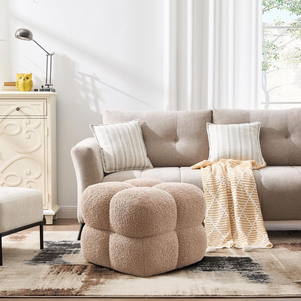 Square Ottoman Stool, Boucle Ottoman Coffee Table with with Full Coverage, Modern Vanity Stool, Upholstered Tufted Foot Rest Pouf for Bedroom, Living Room, Entryway, Tan