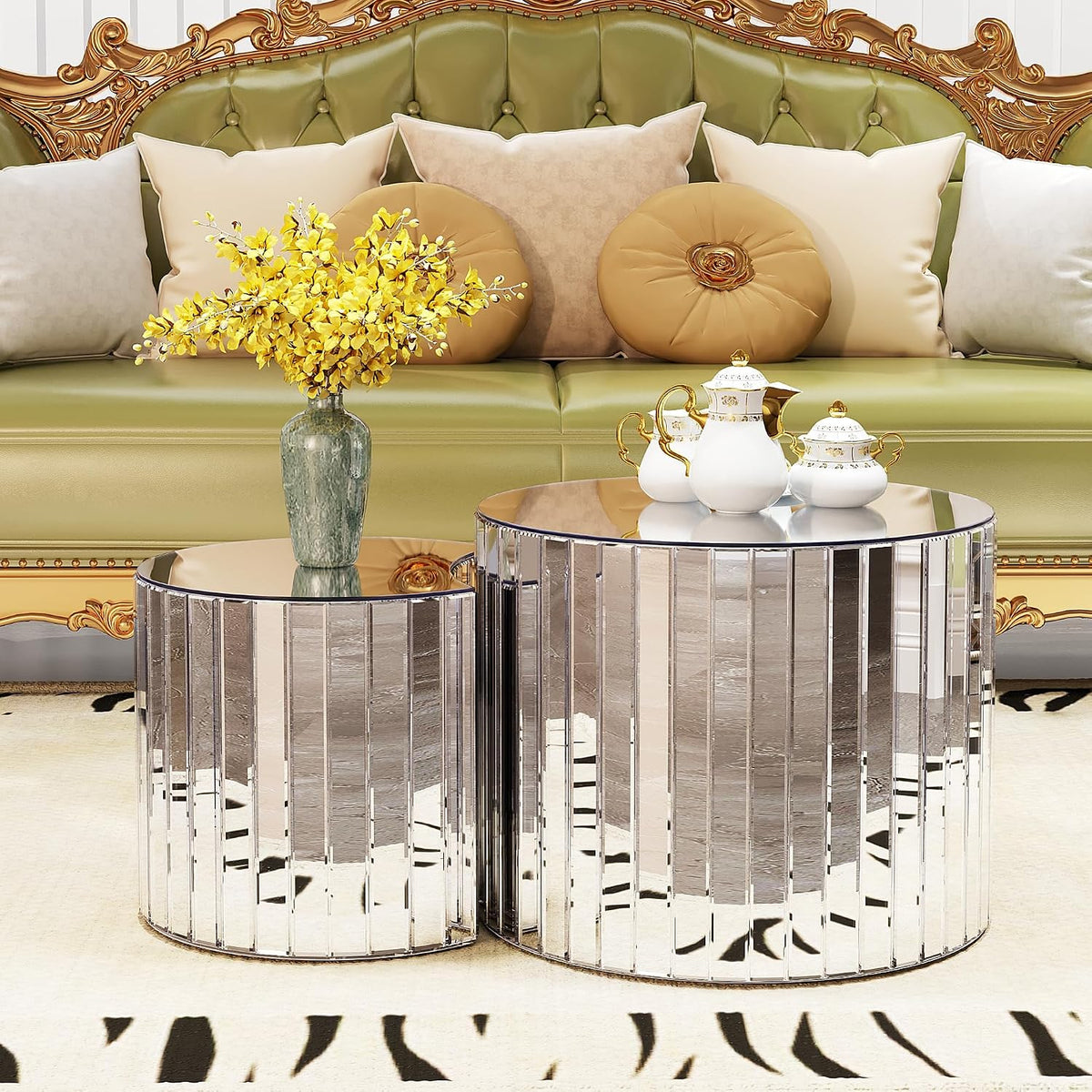 Mirrored Round Nesting Coffee Table Set of 2 Modern Mirror Glass Small Coffee Tables Circle Drum Accent Side End Table for Small Space Living Room Bedroom,No Need Assembly