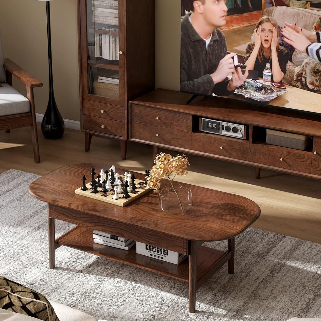 100% Solid Oak Wood Coffee Table for Living Room, 2-Tier Mid-Century Modern Table with 2 Drawers & Open Shelf, Living Room Table with Rounded Corner for Home (Oak Walnut Finish, 47.24'' W)