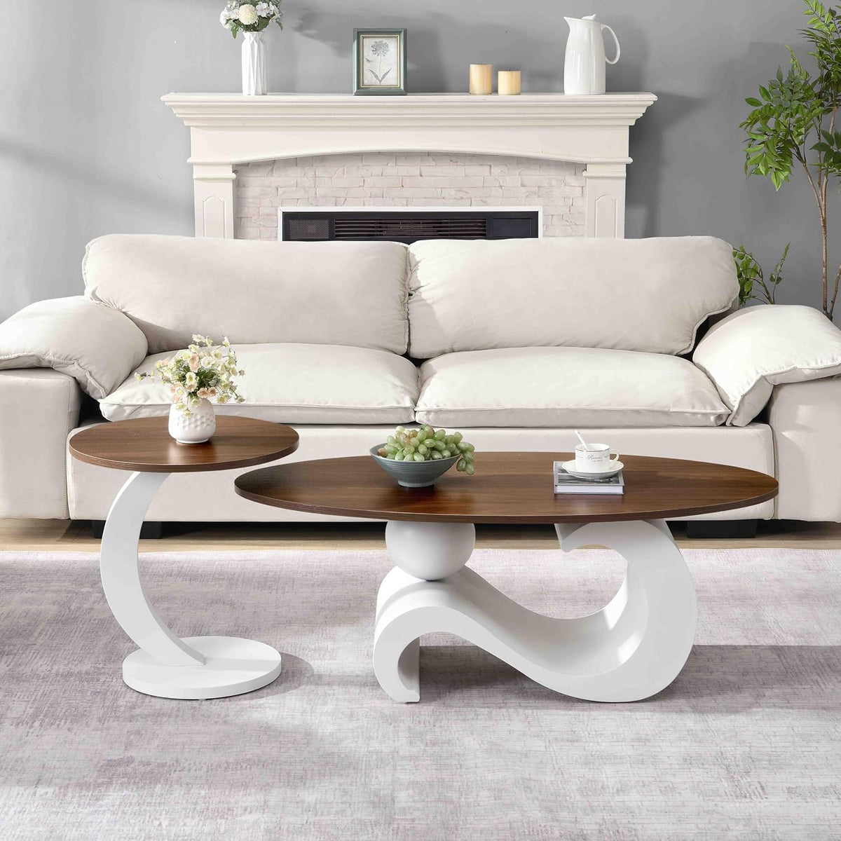 Modern Nesting Coffee Table Set of 2, 2-Piece Oval Decorative Living Room Table Set with White Faux Marble Top and Gold Metal Base, Oval Coffee Table and Round End Table Set