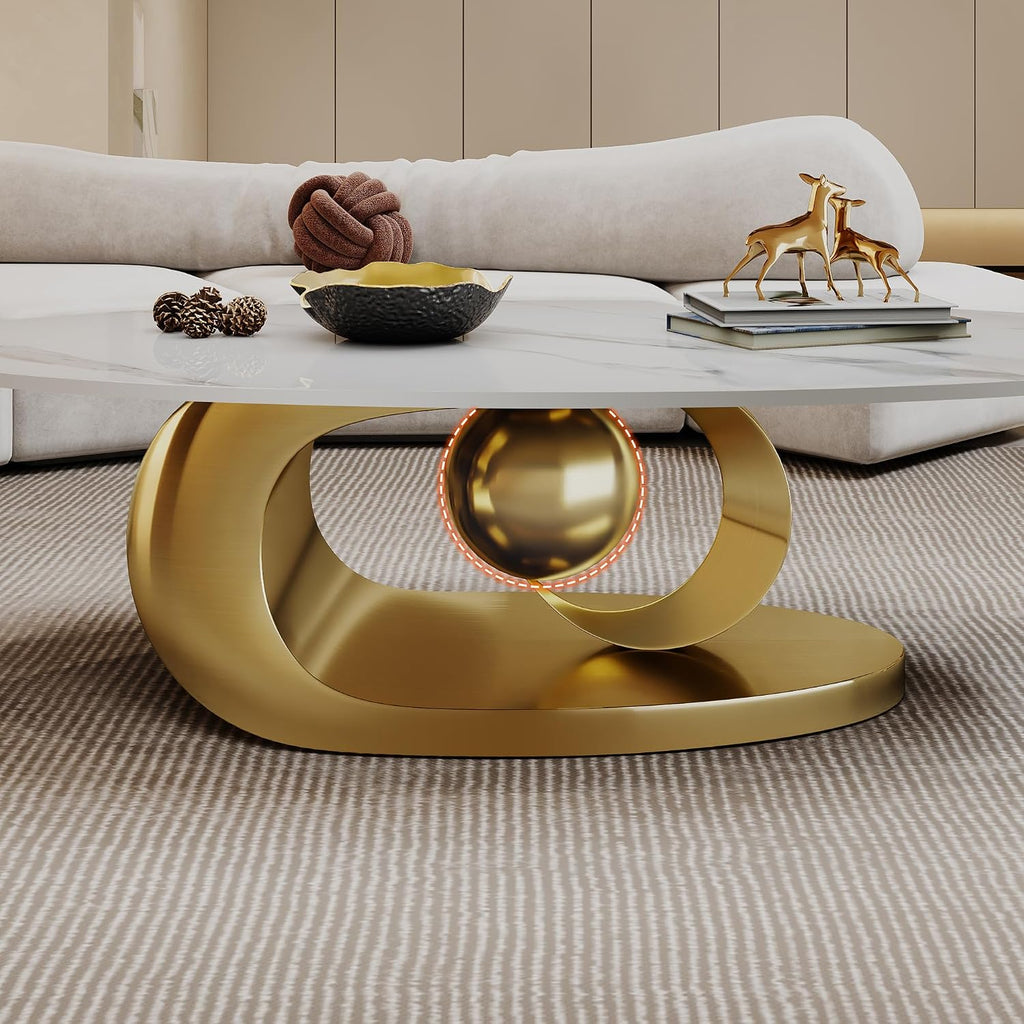 Marble Grain Coffee Table with Gold Stainless Steel Pedestal,Modern Coffee Tables,Oval Living Room Table with Faux Marble Top & Luxury Legs,Sintered Stone Cocktail Center Table,49.20inch