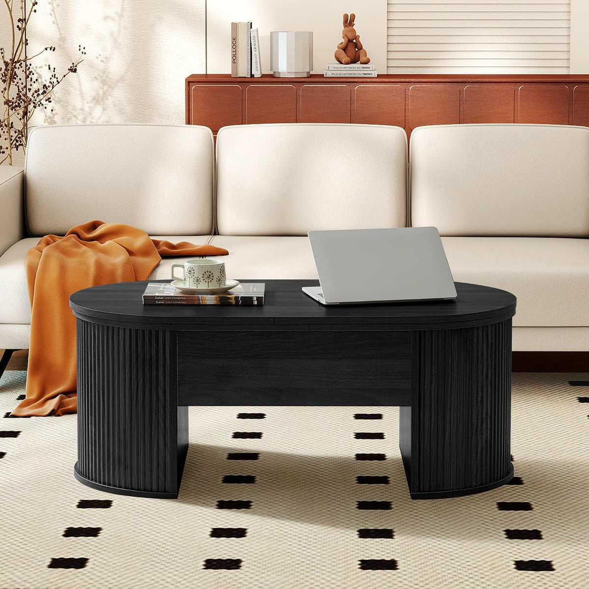 ORRD Lift Top Coffee Table, Fluted Coffee Table with Lifting Top, Wooden Lift Up Dining Table with Hidden Compartment, Center Table for Living Room, Office - Black