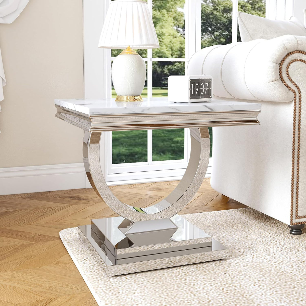 Luxury Marble Side Table, Square End Table with Faux Marble Tabletop & Silver Stainless Steel Base, Modern Sofa Table for Living Room, Bedroom, Office
