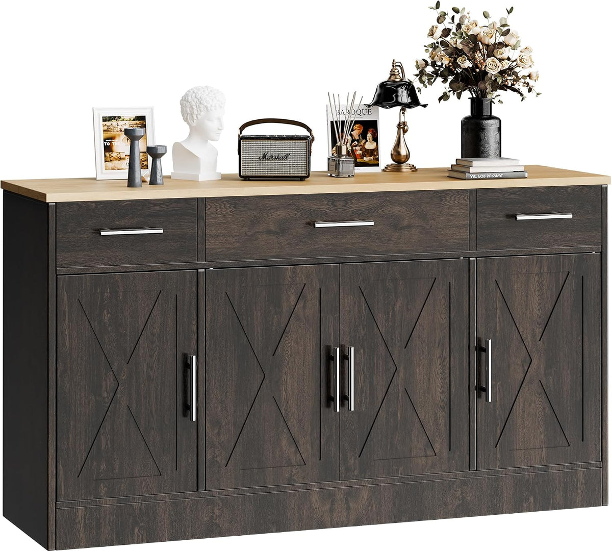 SUNLEI Kitchen Buffet Sideboard Cabinet, Farmhouse Storage Cabinet with 4 Doors and 3 Drawers, Wooden Base Cabinet with Adjustable Shelf for Living Room, Brown