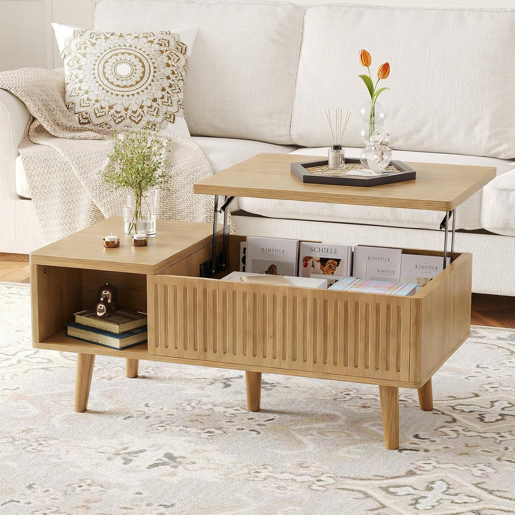 Lift Top Oval Coffee Table with Storage, 2-in-1 Height Adjustable Modern Coffee Table for Small Living Room & Apartment (Oak)