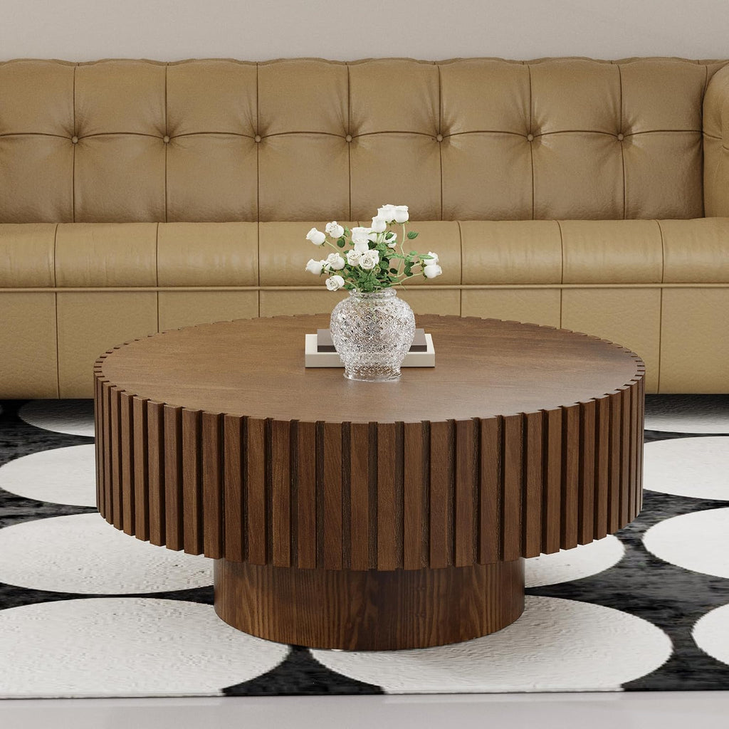 Round Drum Coffee Table 31.5'' Handcraft Fluted Coffee Table Modern Unique Circle Accent Center Table for Living Room with Sturdy Pedestal Gear Easy Assembly for Small Space,31' Round Brown