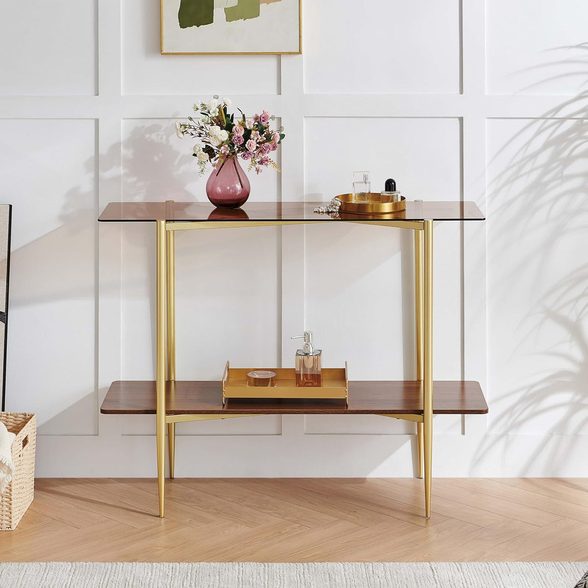 Rectangle Glass Console Table, Mid-Century Modern Design, L41*W14*H32 inch, for Living Room, Amber Glass Top and Walnut Finish Wood Shelf, Conical Metal Legs with Gold Finish