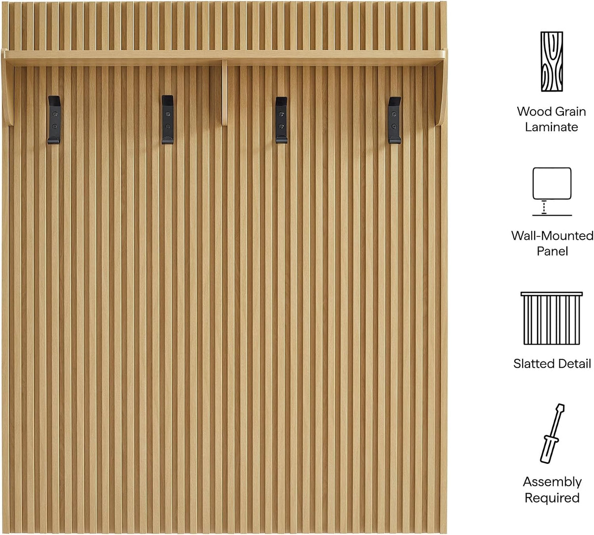 Modway Render Modern Fluted Wood Coat Rack Panel in Light Oak with Shelf and Hooks – Wall-Mounted Entryway Organizer for Hallway, Mudroom, or Foyer