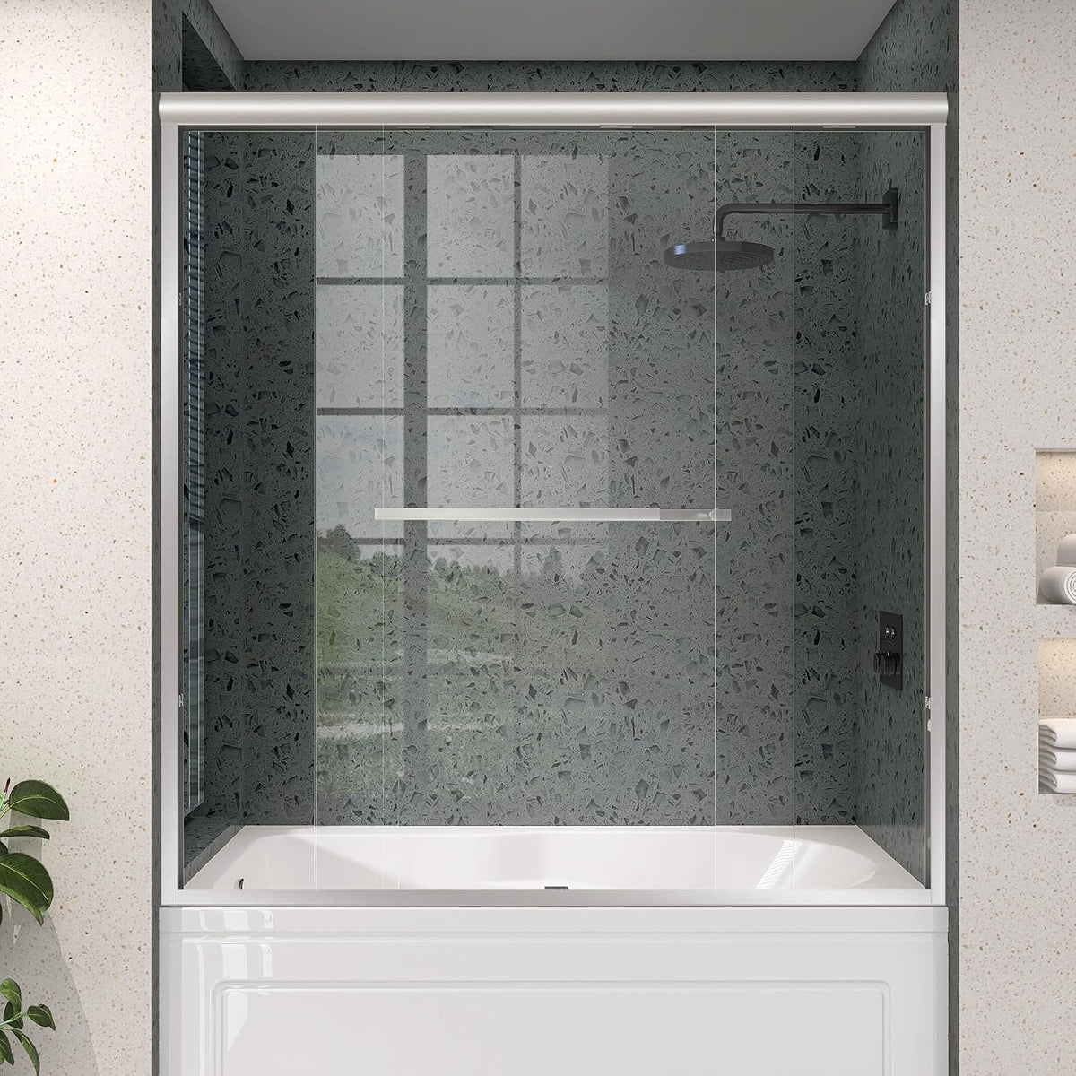 Tub Shower Door 56-60 in. W x 62 in. H Double Sliding Semi-Frameless Bathroom Bathtub Doors 1/4 inch Clear Tempered Glass Tub Door for Walk-in Shower Brushed Nickel Harewares