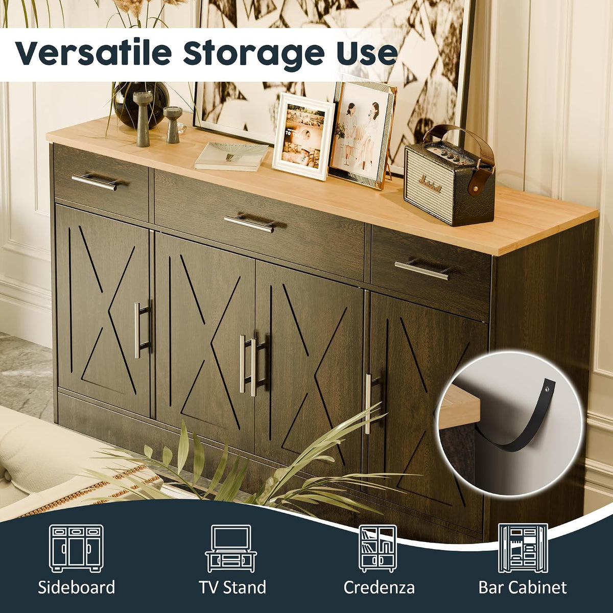 SUNLEI Kitchen Buffet Sideboard Cabinet, Farmhouse Storage Cabinet with 4 Doors and 3 Drawers, Wooden Base Cabinet with Adjustable Shelf for Living Room, Brown