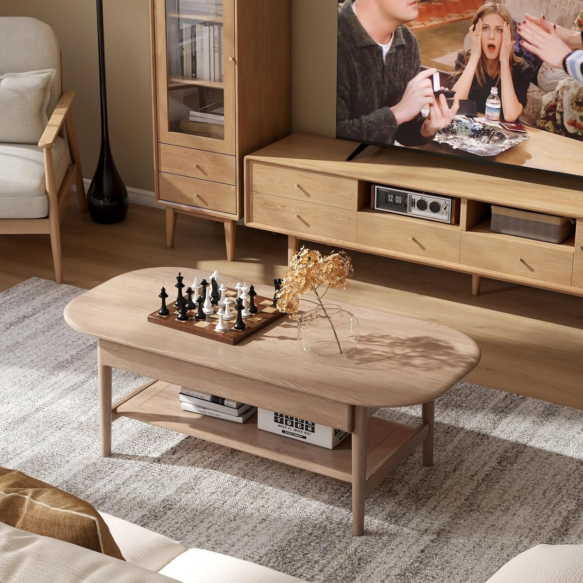 100% Solid Wood Coffee Table for Living Room, 2-Tier Coffee Table with 2 Drawers and Shelf Storage, Mid Century Modern Table for Home (Mandshurica Natural Wood, 47.24''W x 22.05' D x 16.54' H)