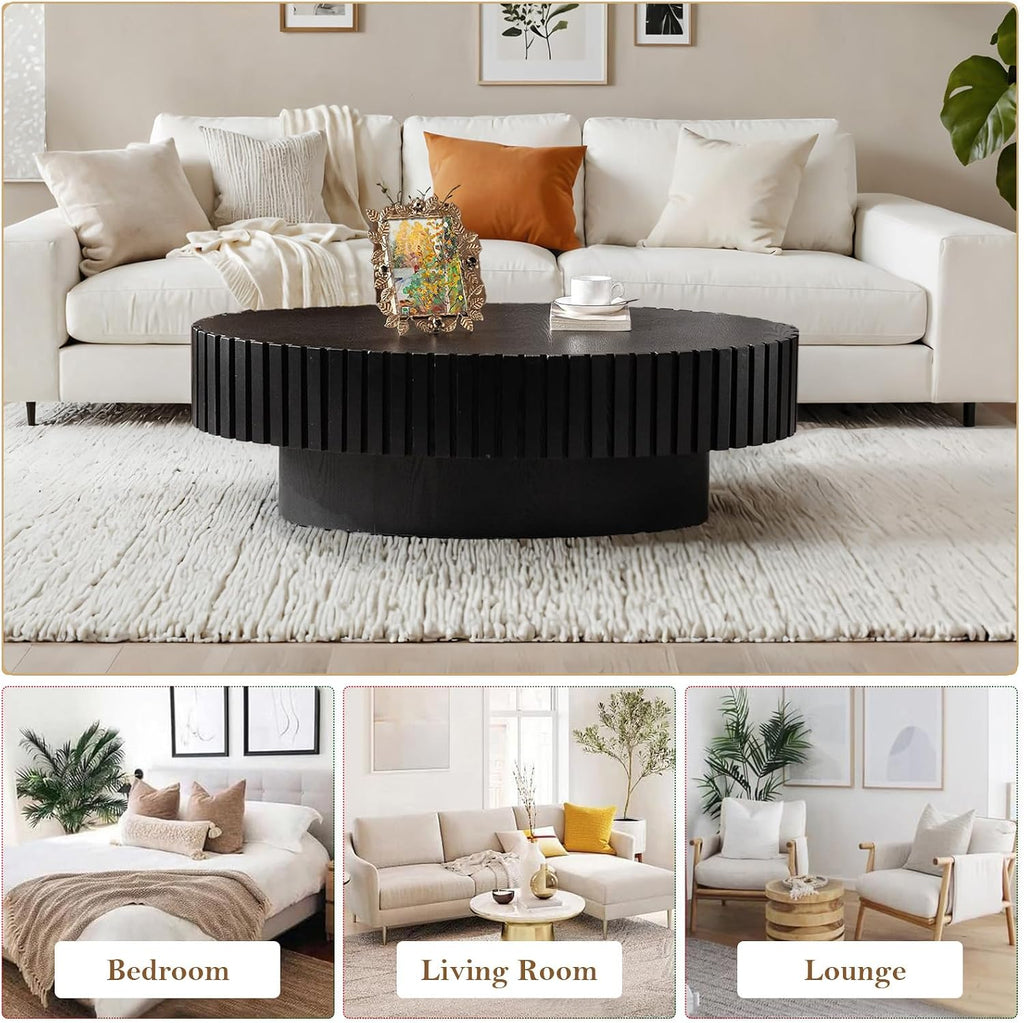 43.3' Oval Drum Fluted Coffee Table for Living Room Modern Oval Coffee Table with Pedestal Center Tables Fluted Accent Tea Tables for Apartment Living Room (E)