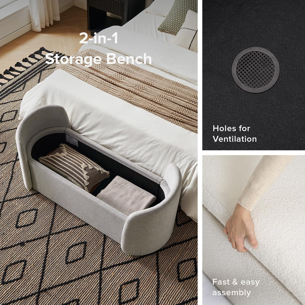 mopio Sophie 51' Ottoman Storage Bench, Entryway and Window Seating, End of Bed Curved Stool for King & Queen Bed, Storage Chest for Bedroom (Light Gray Fabric)