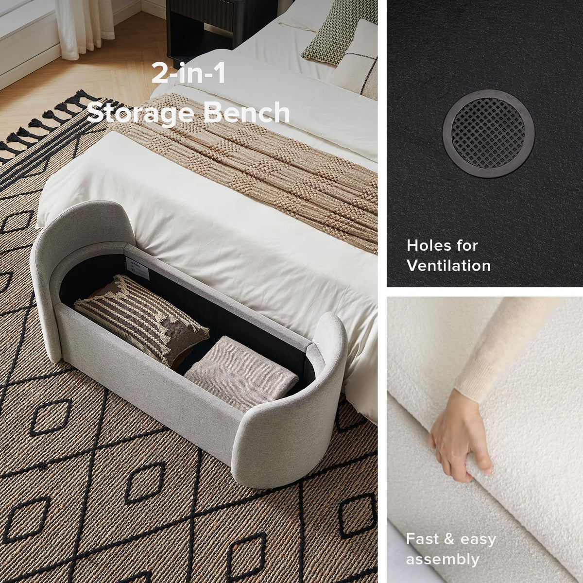 mopio Sophie 51' Ottoman Storage Bench, Entryway and Window Seating, End of Bed Curved Stool for King & Queen Bed, Storage Chest for Bedroom (Light Gray Fabric)