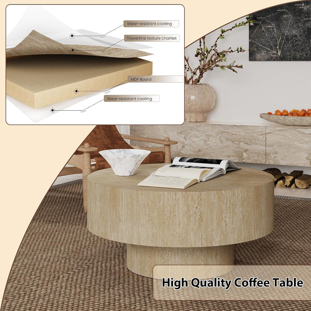 JHKZUDG Modern Wood Coffee Table Handcrafted Fluted Drum Coffee Tables Wooden Oval Center Table with Sturdy Pedestal for Living Room Apartment (Travertine Round)